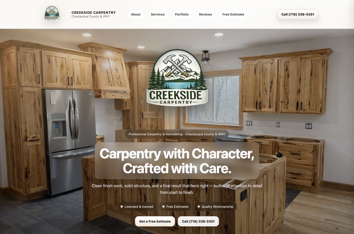 Live homepage screenshot for Creekside Carpentry, a Western New York carpentry website redesign